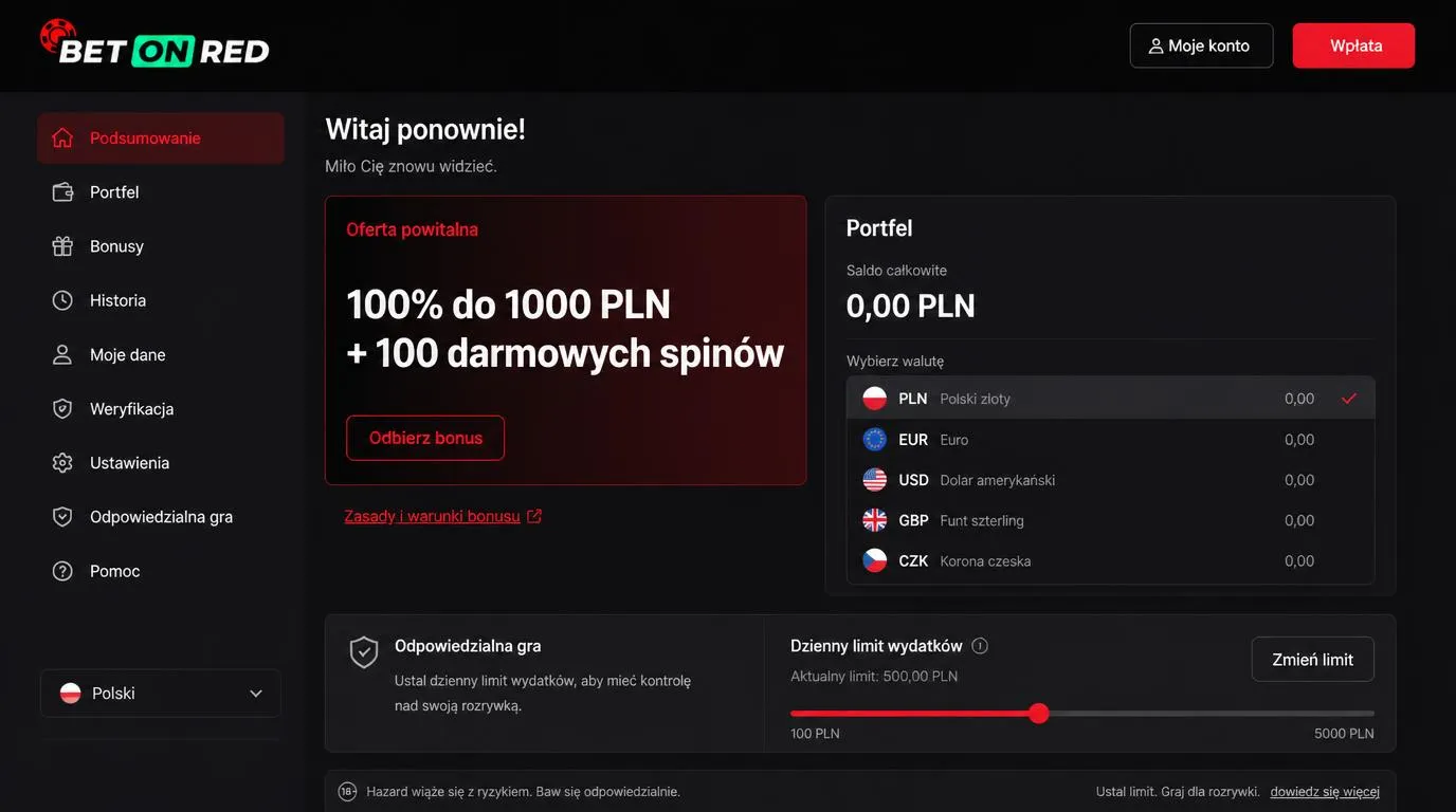 Ekran kasyna z ofertą powitalną i wyborem kilku walut na jednym koncie