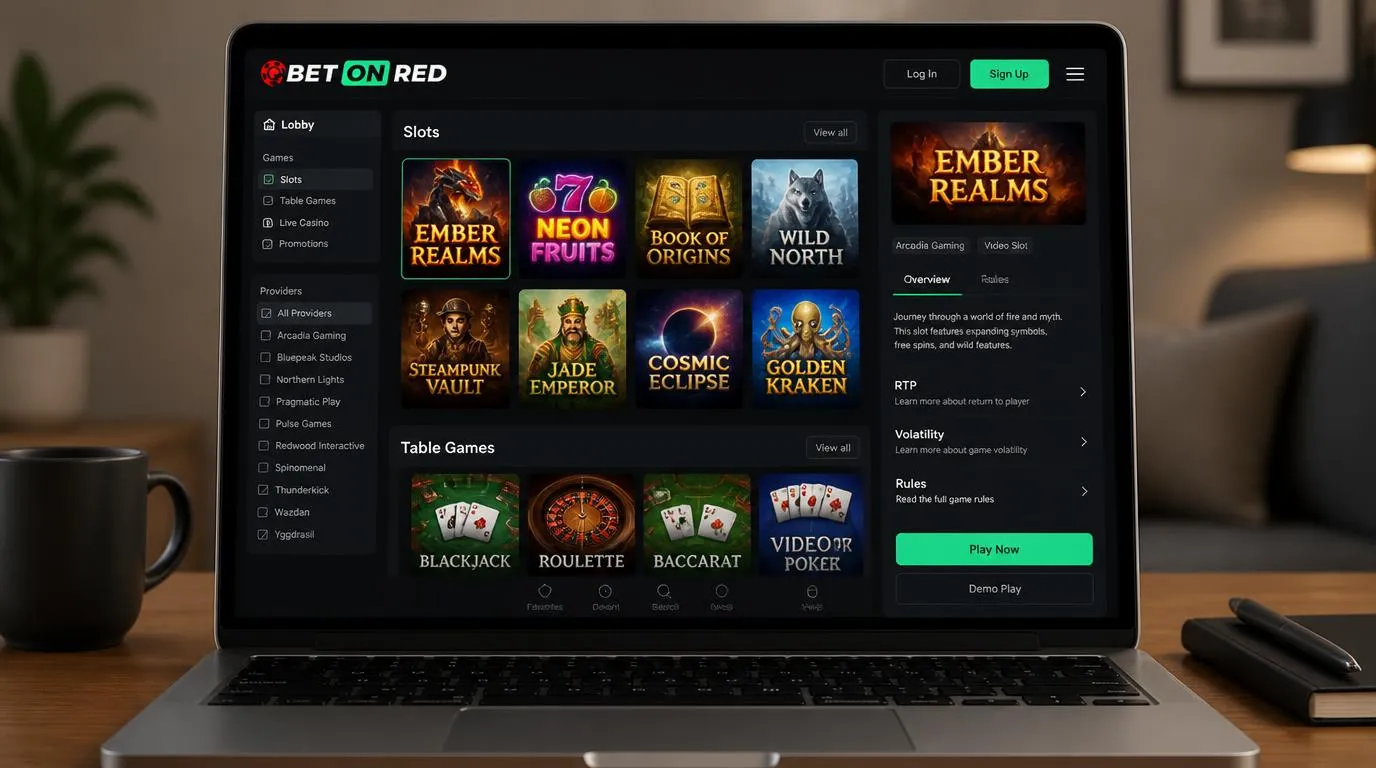 Ekran lobby kasyna z kategoriami automatów i gier stołowych oraz filtrem dostawców