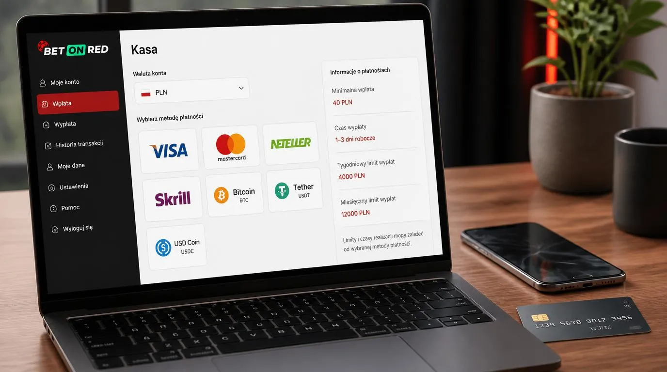 Ekran kasy kasyna z saldem w PLN, wyborem karty, portfela i kryptowaluty oraz informacją o limitach wypłat